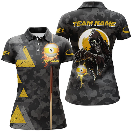 Funny Grim Reaper Ball 9 Fire Custom Camo Women Billiard Shirts, Best 9 Ball Pool Jerseys TDM2071