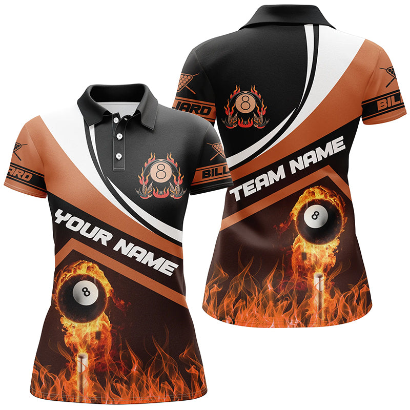Customized Name Flaming 8 Ball 3D Billiard Polo Shirts For Women, Custom Billiard 8 Ball For Team  TDM0175