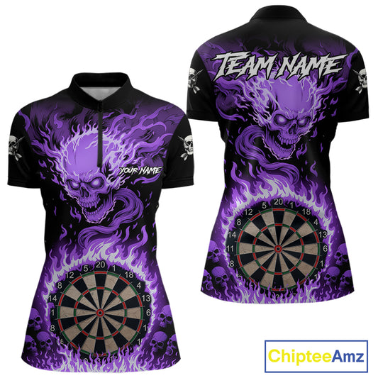 Purple Flaming Skull Darts Shirt For Women Custom Darts Jersey Team Polo & Quarter Zip TDM5056