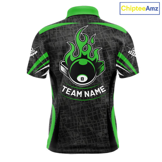 Black And Green 8 Ball Flame Billiard Shirt For Men Custom Pool Team Shirt, Billiard Jersey TDM5792