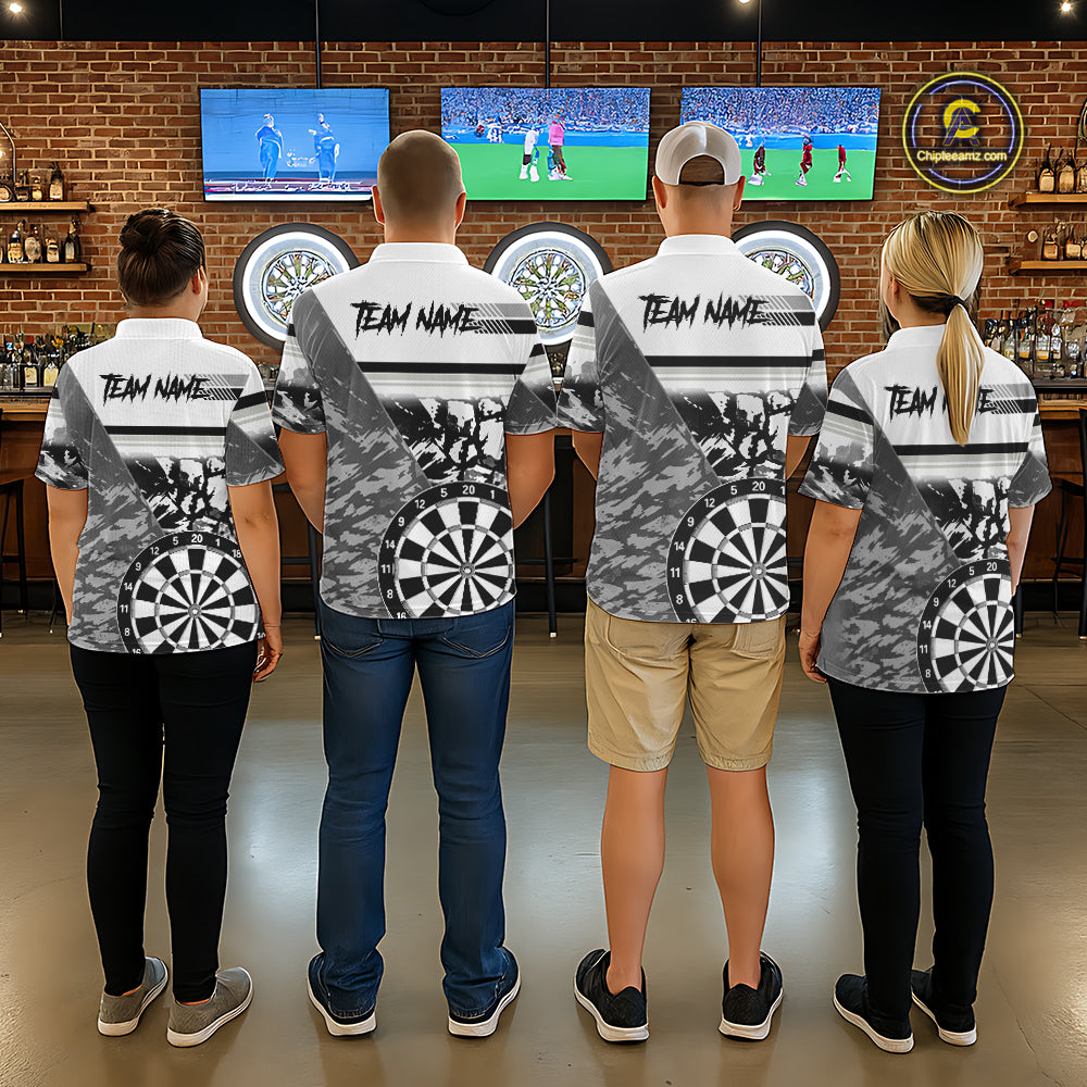 Custom Black And White Grunge Darts Shirt For Women, Darts Team Jersey Polo & 1/4 Zip TDM6143
