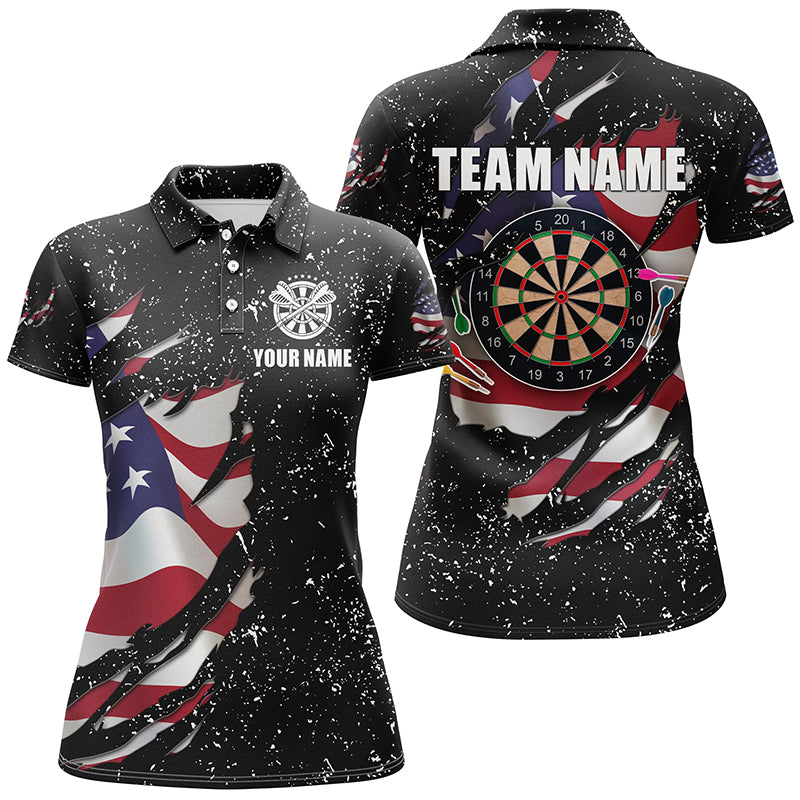 Grunge US Flag Dartboard Polo & Quarter-Zip Shirts For Women Custom Patriotic Darts Jerseys Attire TDM1664