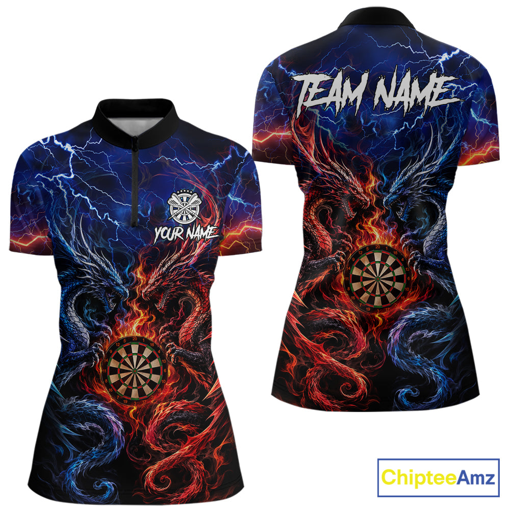 Blue And Red Thunder Lightning Dragon Darts Shirt For Women Custom Darts Team Jersey Polo & 1/4 Zip TDM6577