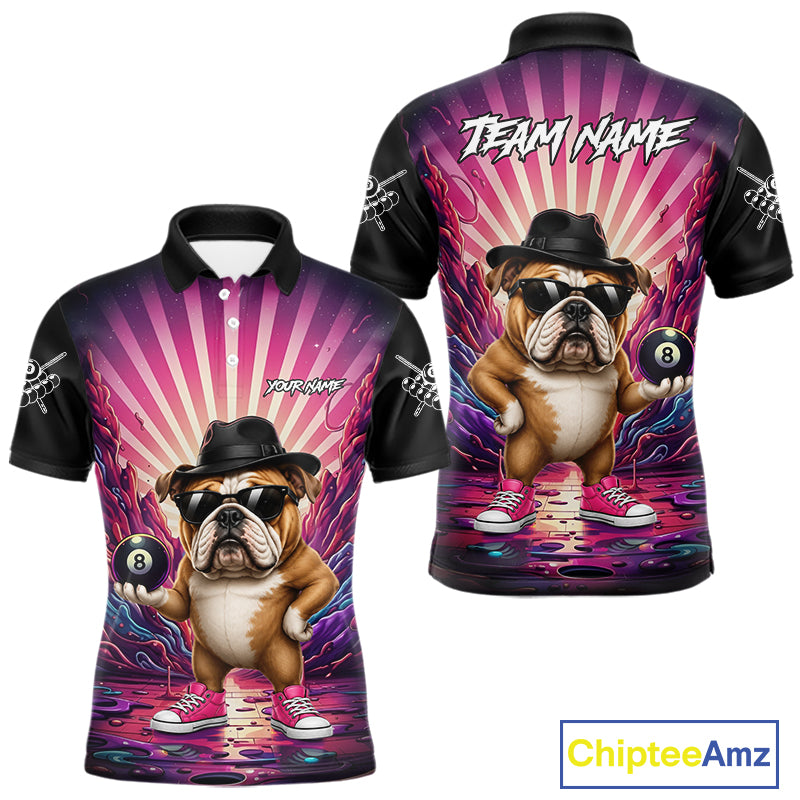 Pink graffiti bulldog 8 ball billiard polo shirt for men with custom pool team graphics.