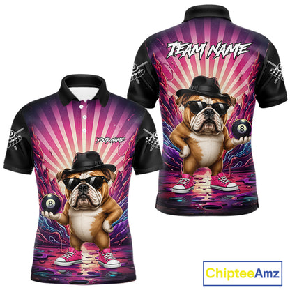 Pink graffiti bulldog 8 ball billiard polo shirt for men with custom pool team graphics.