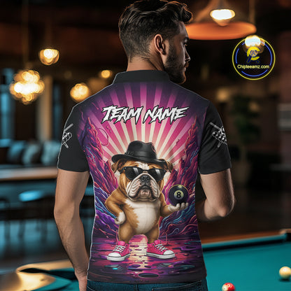 Back view of man wearing a pink graffiti bulldog 8 ball pool shirt in a billiards hall.