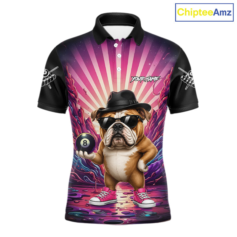 Pink graffiti bulldog 8 ball billiard polo shirt for men with custom pool team graphics.