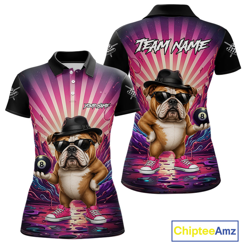 Pink graffiti bulldog 8 ball billiard polo shirt for women with custom pool team graphics.