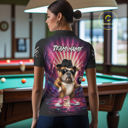 Back view of woman wearing a pink graffiti bulldog 8 ball pool shirt in a billiards hall.