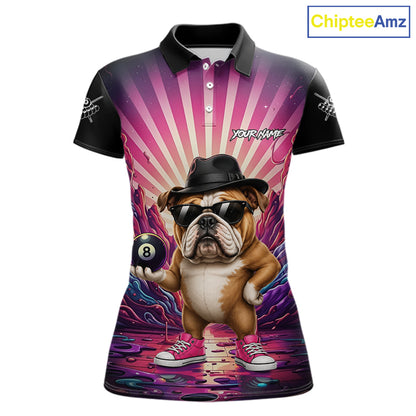 Pink graffiti bulldog 8 ball billiard polo shirt for women with custom pool team graphics.