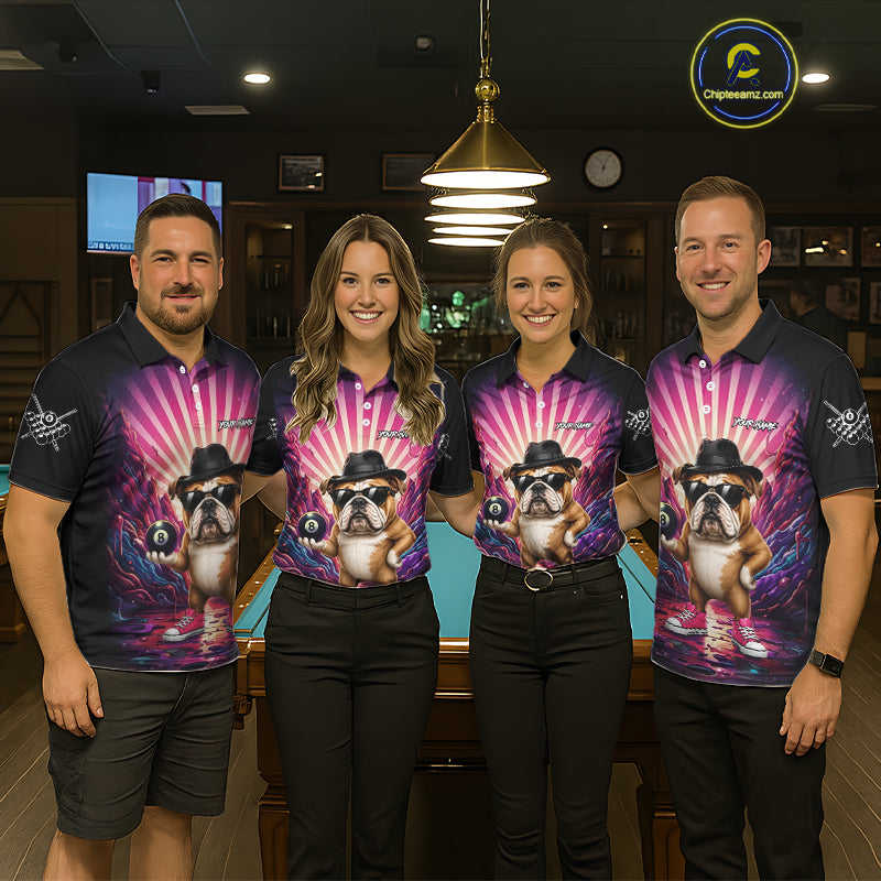 Pool team wearing matching pink graffiti bulldog 8 ball billiard jerseys during tournament competition front view.