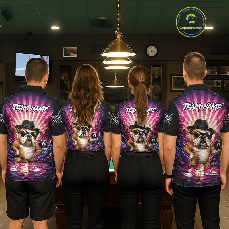 Back view of pool players wearing matching pink graffiti bulldog billiard shirts in a game room.