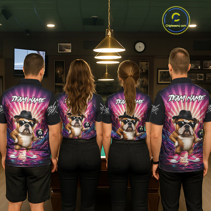 Back view of pool players wearing matching pink graffiti bulldog billiard shirts in a game room.