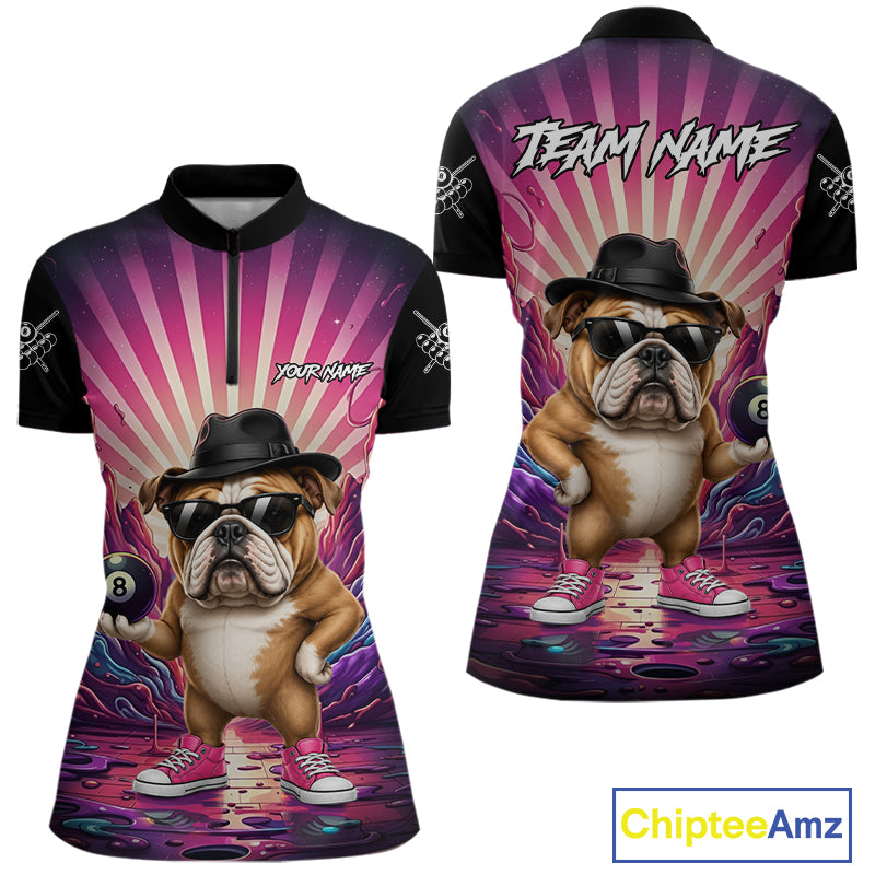 Pink graffiti bulldog 8 ball billiard quarter zip shirt for women designed for league tournaments and team events.