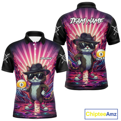 Pink graffiti cat 9 ball billiard polo shirt for men with custom pool team graphics.