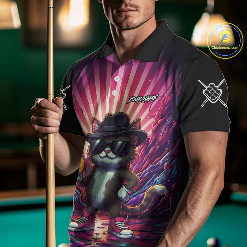 Man wearing a pink graffiti cat 9 ball billiard jersey beside a pool table front view.