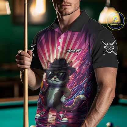 Man wearing a pink graffiti cat 9 ball billiard jersey beside a pool table front view.
