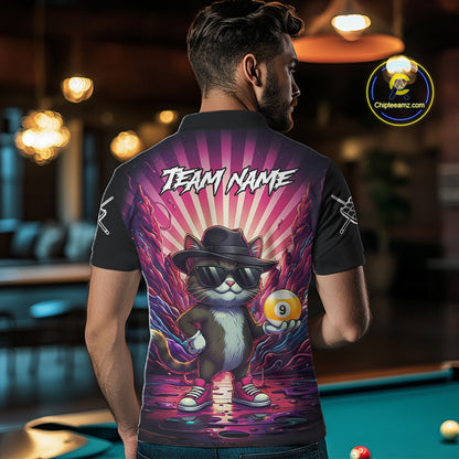 Back view of man wearing a pink graffiti cat 9 ball pool shirt in a billiards hall.