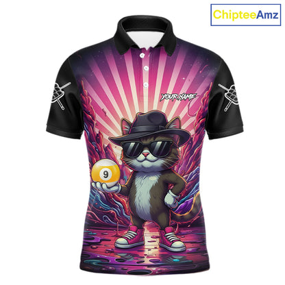 Pink graffiti cat 9 ball billiard polo shirt for men with custom pool team graphics.