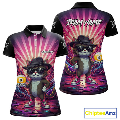 Pink graffiti cat 9 ball billiard polo shirt for women with custom pool team graphics.