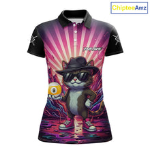 Load image into Gallery viewer, Pink graffiti cat 9 ball billiard polo shirt for women with custom pool team graphics.