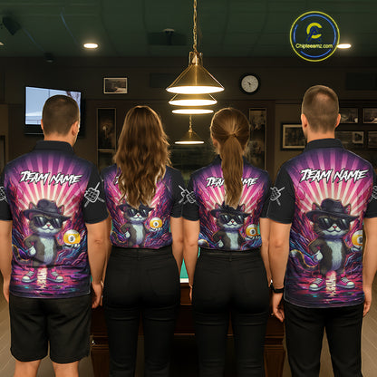 Back view of pool players wearing matching pink graffiti cat billiard shirts in a game room.