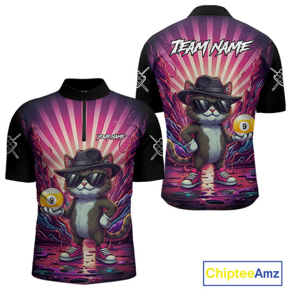 Pink graffiti cat 9 ball billiard quarter zip shirt for men designed for league tournaments and team events.