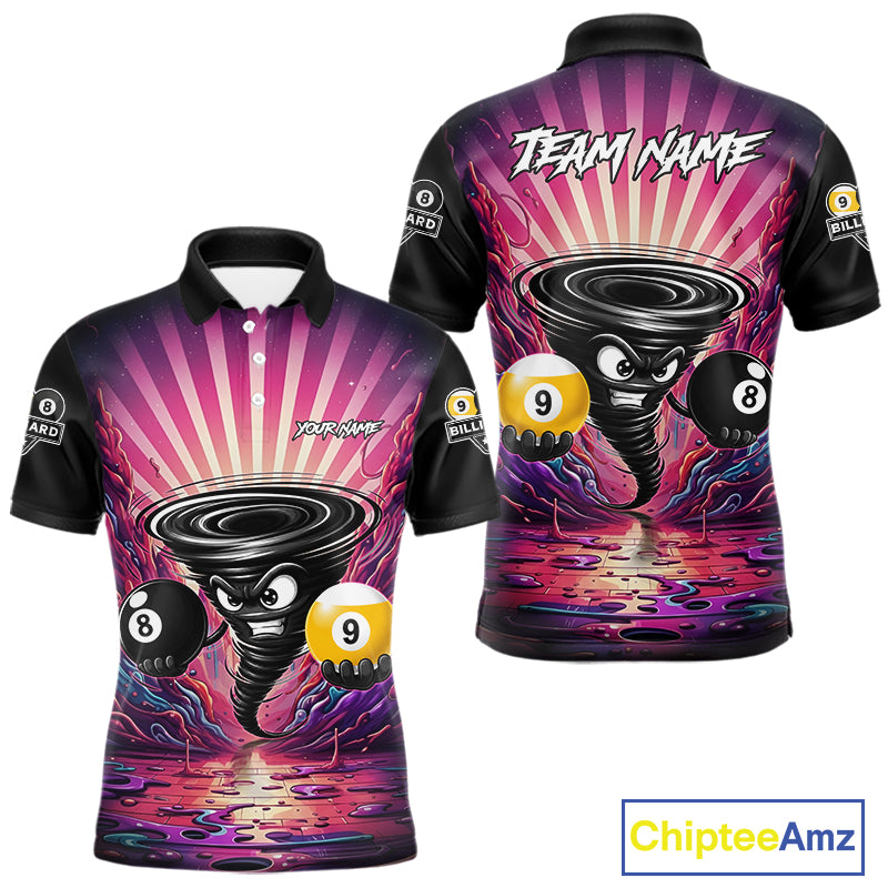 Pink graffiti tornado 8 ball and 9 ball billiard polo shirt for men with custom pool team graphics.