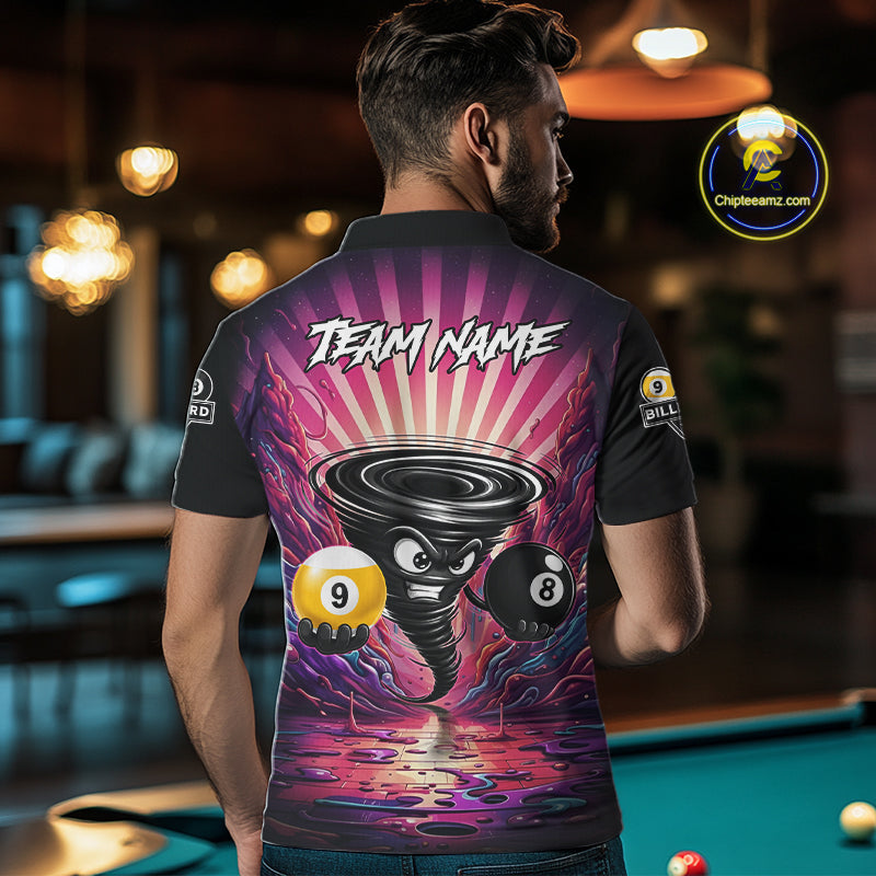 Back view of man wearing a pink graffiti tornado 8 ball and 9 ball pool shirt in a billiards hall.