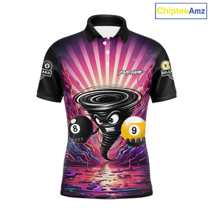 Pink graffiti tornado 8 ball and 9 ball billiard polo shirt for men with custom pool team graphics.
