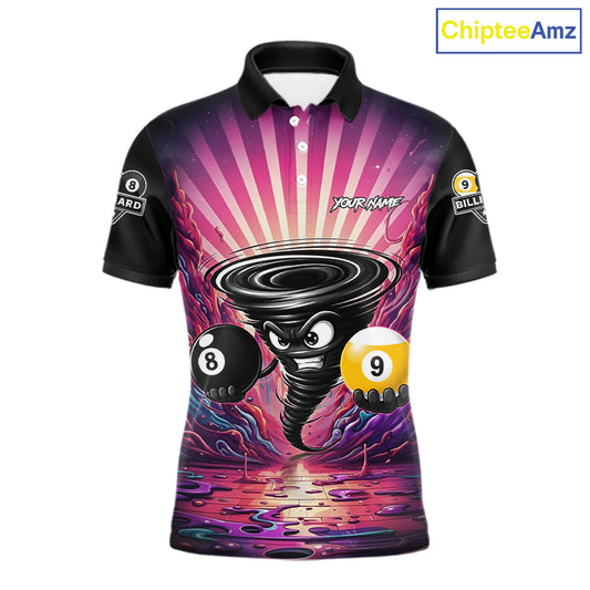Pink graffiti tornado 8 ball and 9 ball billiard polo shirt for men with custom pool team graphics.