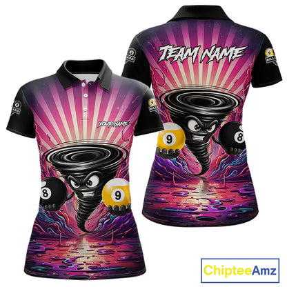 Pink graffiti tornado 8 ball and 9 ball billiard polo shirt for women with custom pool team graphics.