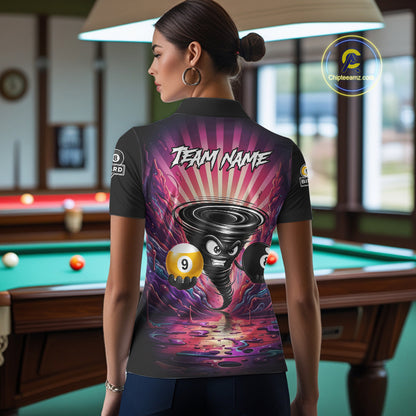 Back view of woman wearing a pink graffiti tornado 8 ball and 9 ball pool shirt in a billiards hall.