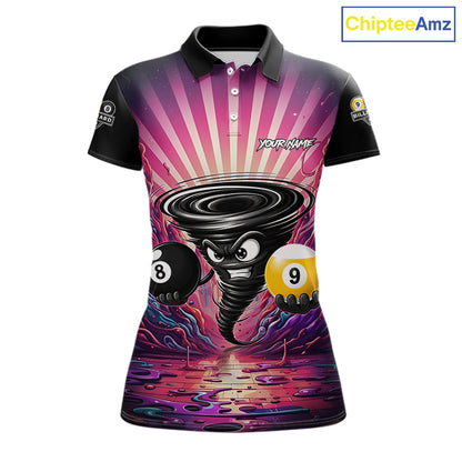 Pink graffiti tornado 8 ball and 9 ball billiard polo shirt for women with custom pool team graphics.
