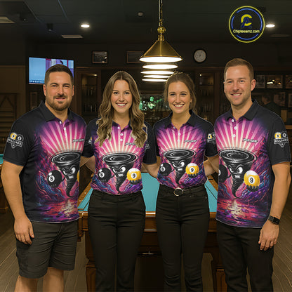 Pool team wearing matching pink graffiti tornado 8 ball and 9 ball billiard jerseys during tournament competition front view.