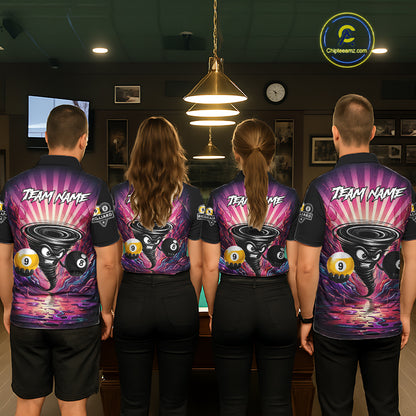 Back view of pool players wearing matching pink graffiti tornado billiard shirts in a game room.