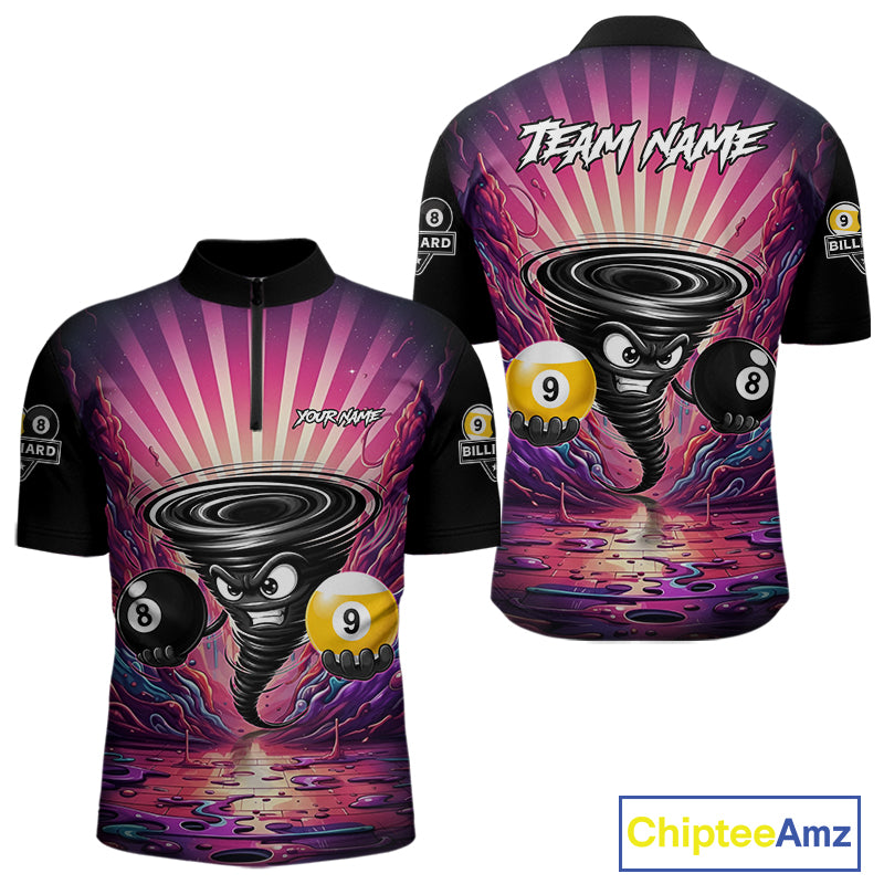 Pink graffiti tornado 8 ball and 9 ball billiard quarter zip shirt for men designed for league tournaments and team events.
