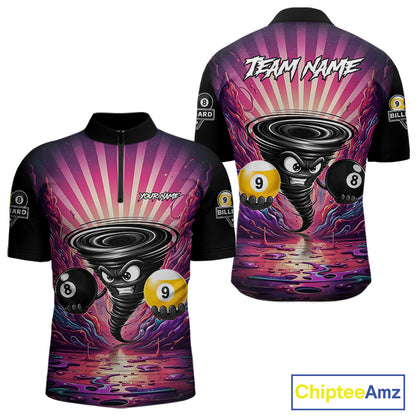 Pink graffiti tornado 8 ball and 9 ball billiard quarter zip shirt for men designed for league tournaments and team events.