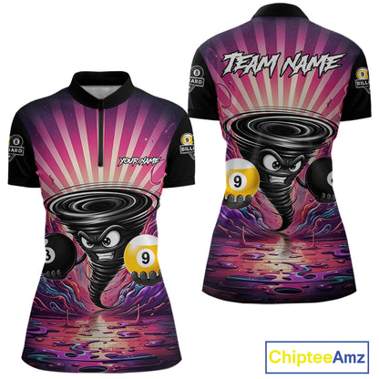 Pink graffiti tornado 8 ball and 9 ball billiard quarter zip shirt for women designed for league tournaments and team events.