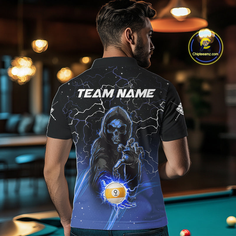 Back view of man wearing a blue grim reaper lightning 9 ball pool shirt in a billiards hall.
