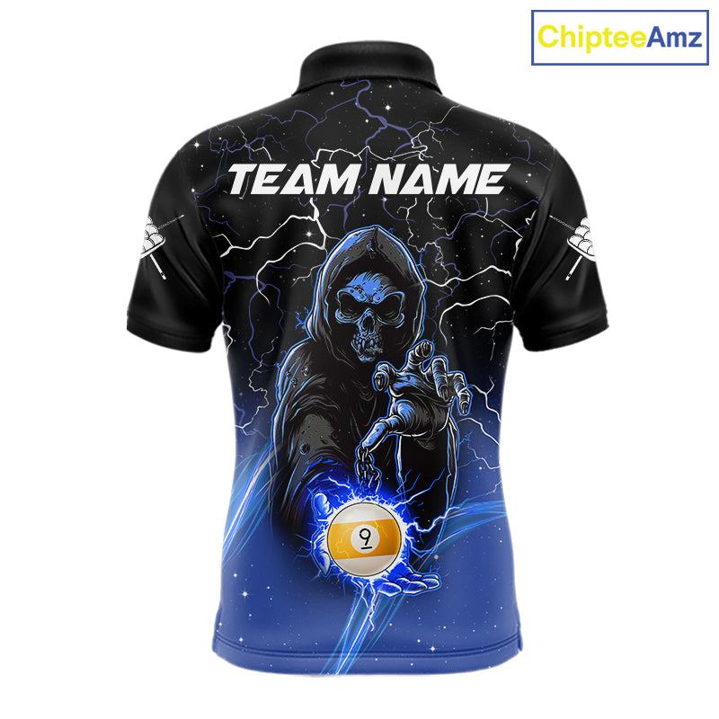 Blue grim reaper lightning 9 ball billiard polo shirt for men with custom pool team graphics.