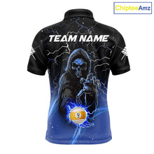 Load image into Gallery viewer, Blue grim reaper lightning 9 ball billiard polo shirt for men with custom pool team graphics.