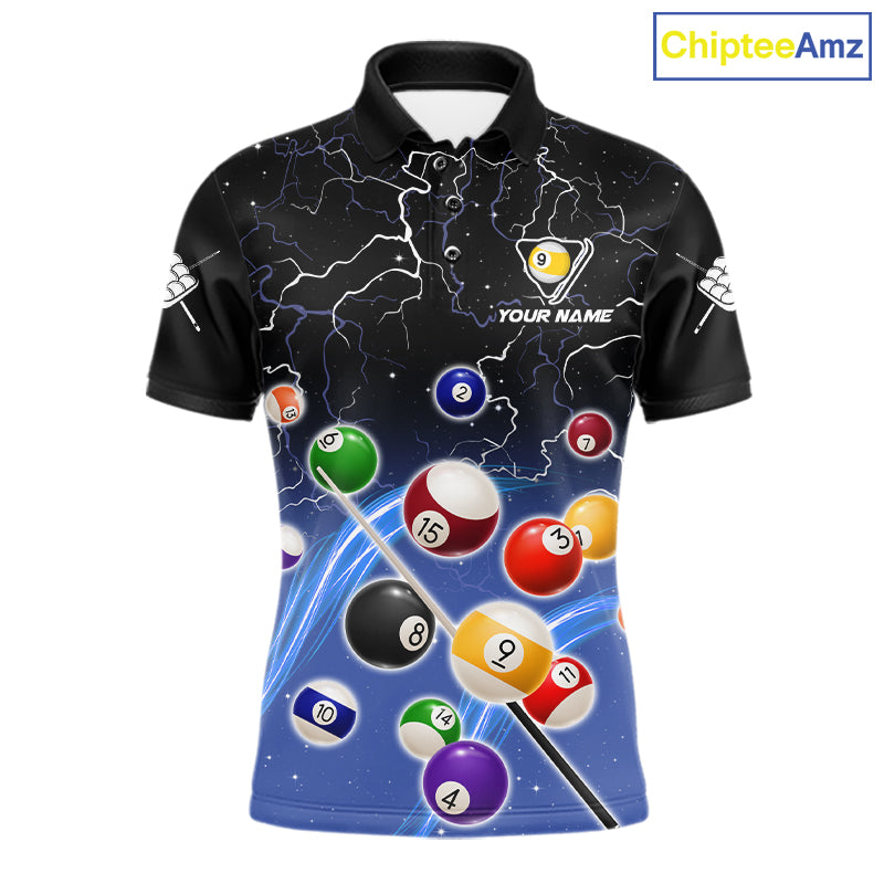 Blue grim reaper lightning 9 ball billiard polo shirt for men with custom pool team graphics.