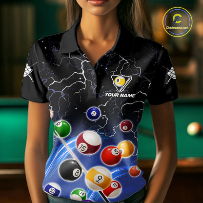 Woman wearing a blue grim reaper lightning 9 ball billiard jersey beside a pool table front view.