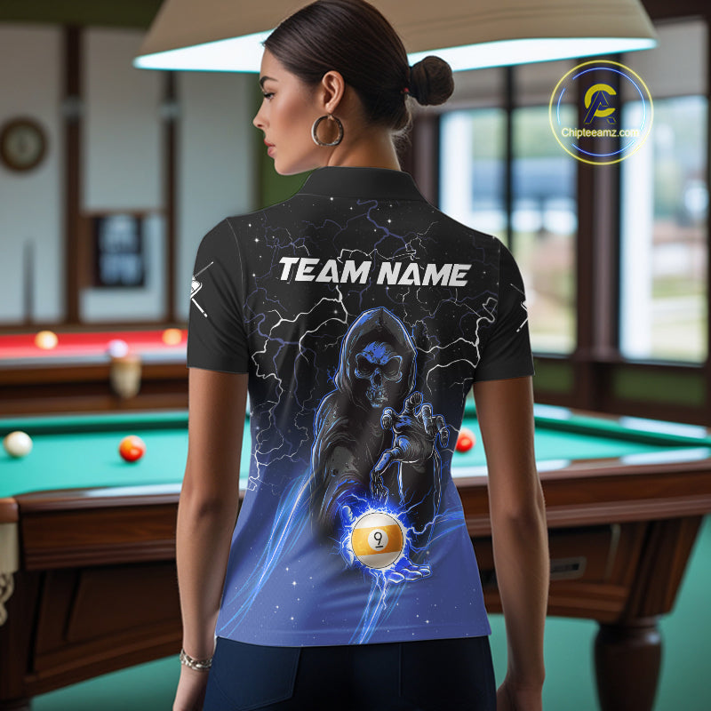 Back view of woman wearing a blue grim reaper lightning 9 ball pool shirt in a billiards hall.