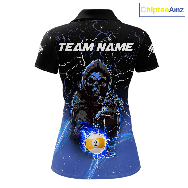 Blue grim reaper lightning 9 ball billiard polo shirt for women with custom pool team graphics.