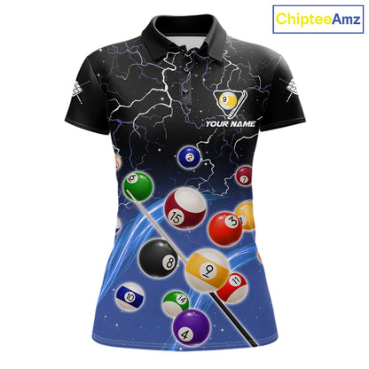Blue grim reaper lightning 9 ball billiard polo shirt for women with custom pool team graphics.