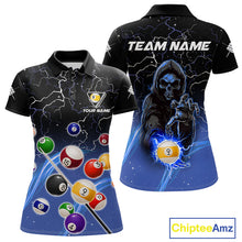 Load image into Gallery viewer, Blue grim reaper lightning 9 ball billiard polo shirt for women with custom pool team graphics.