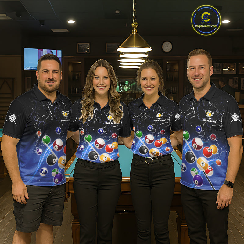 Pool team wearing matching blue grim reaper lightning 9 ball billiard jerseys during tournament competition front view.