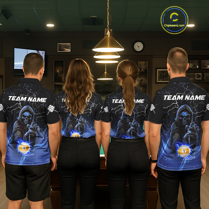 Back view of pool players wearing matching blue grim reaper billiard shirts in a game room.